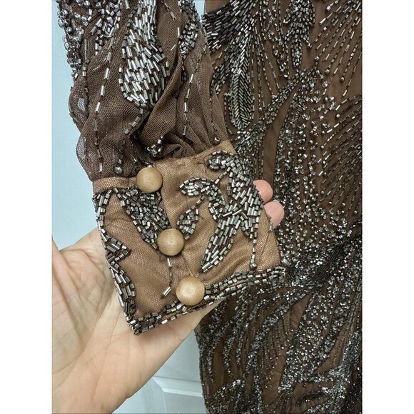 MAC DUGGAL Size 0 Brown 5295 BEADED LONG SLEEVE MIDI COCKTAIL Party DRESS  New - Picture 6 of 11